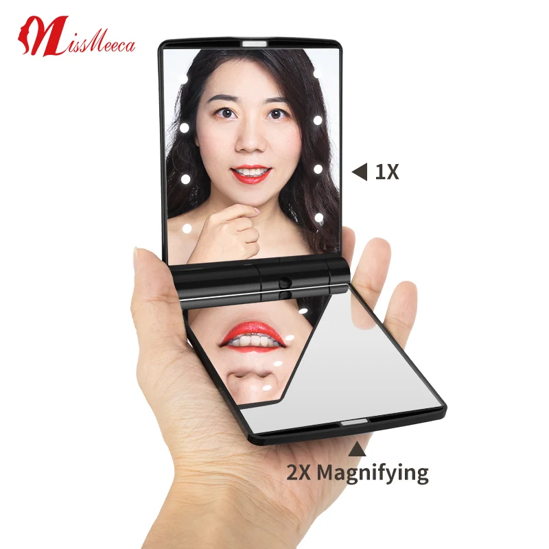 Ручное зеркало Missmeeca со светодиодной подсветкой для путешествий с 2 увеличениями