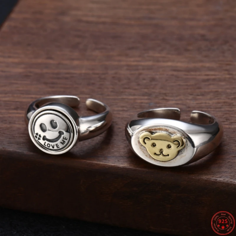 

Genuine S925 Sterling Silver Rings for Women Men New Fashion Little Bear Smiles Face Punk Jewelry Adjustable Size Free Shipping