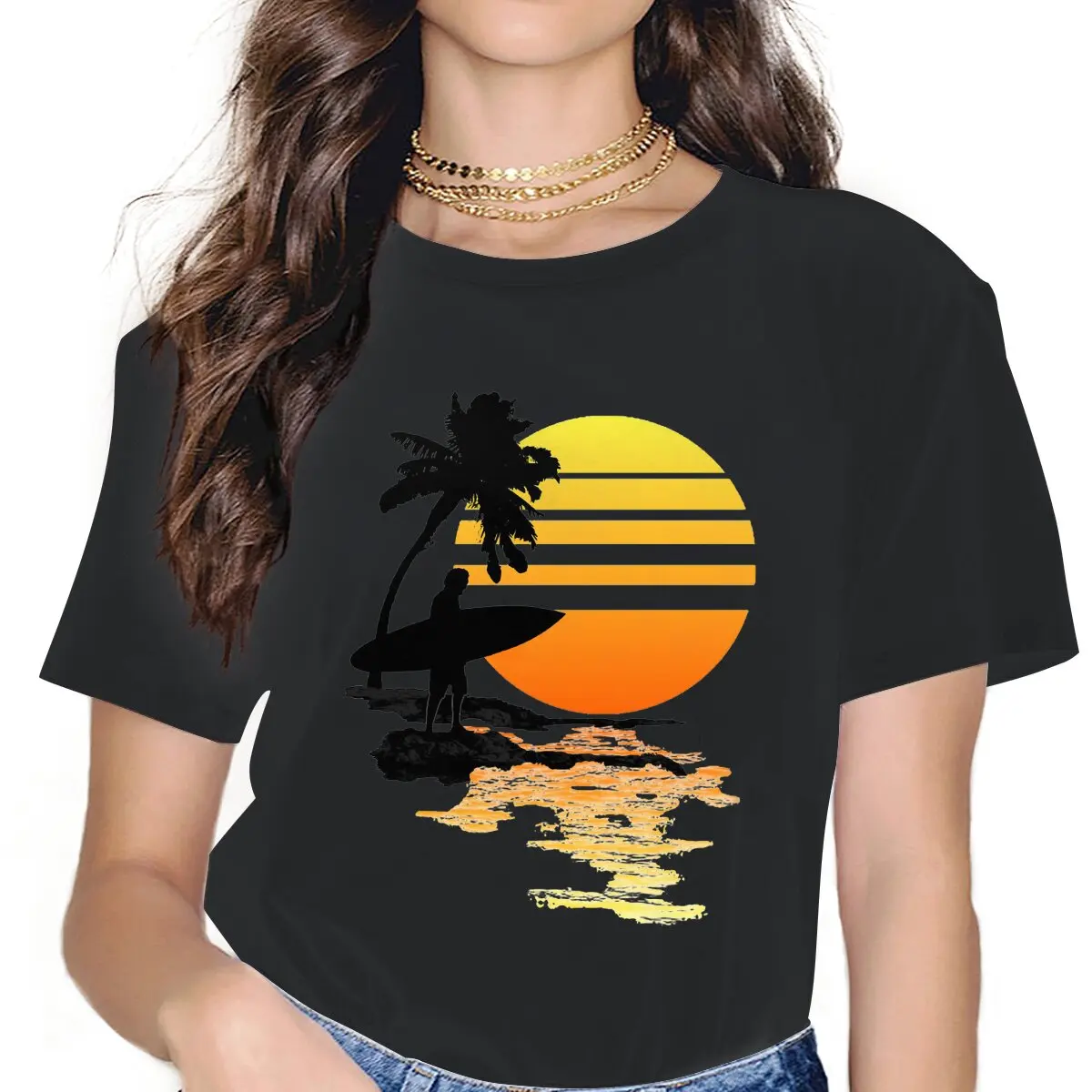 

Surfing Sunrise Women Clothing Sunset in Rocky Mountain Beautiful Natural Graphic Female Tshirts Vintage Graphic Loose Tops Tee