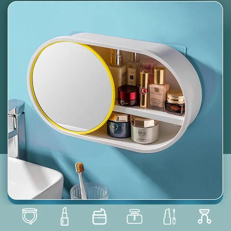 Waterproof Cosmetic Storage Box Wall-mounted Bathroom Beauty Makeup Organizer with Mirror Traceless skincare organizer |