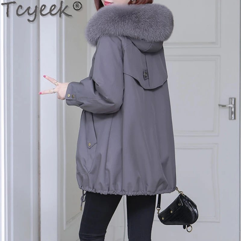 

Женское зимнее пальто Tcyeek из натурального меха лисы с воротником, подкладка из кроличьего меха, женская верхняя одежда, теплая меховая куртка, женские пальто