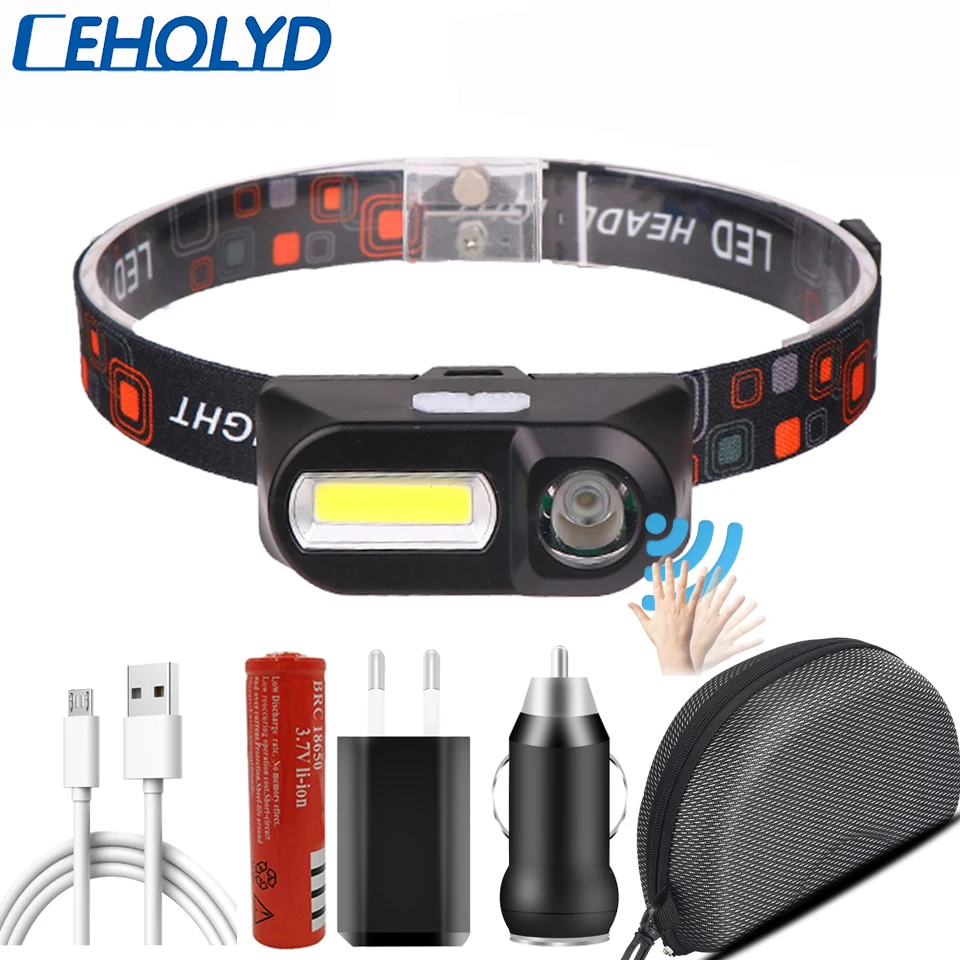 

Налобный фонарь с датчиком, налобный фонарь для рыбалки, уличный фонарь с аккумулятором 18650, светодиодные лампы, литий-ионный портативный мини-фонарь