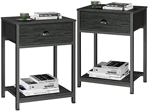 

Set of 2, Industrial End Table with Fabric Drawer and Storage Shelf, Retro Bedside Tables Organizer, Side Table for Living Room