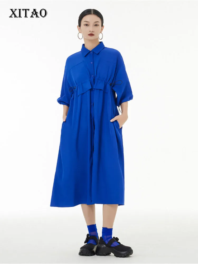 

XITAO Ruffle Dress Fashion Pleated Goddess Fan Solid Color Hem 2022 Autumn Drawstring Minority Loose Elegant Dress ZY7437