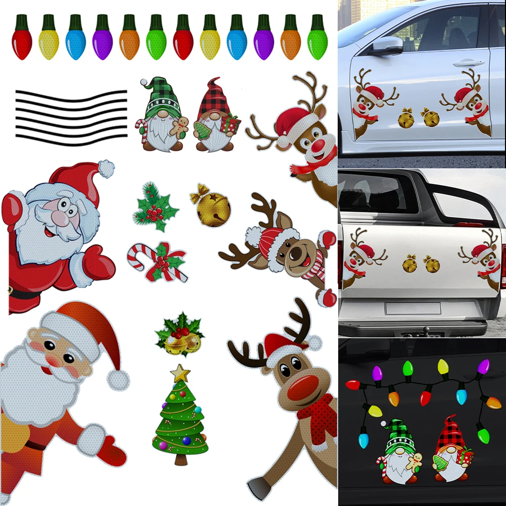 

Christmas Decoration Car Stickers Magnetic Decals Refrigerator Magnets Bulb Santa Snowman Dwarf Reflective Sticker for Car Home