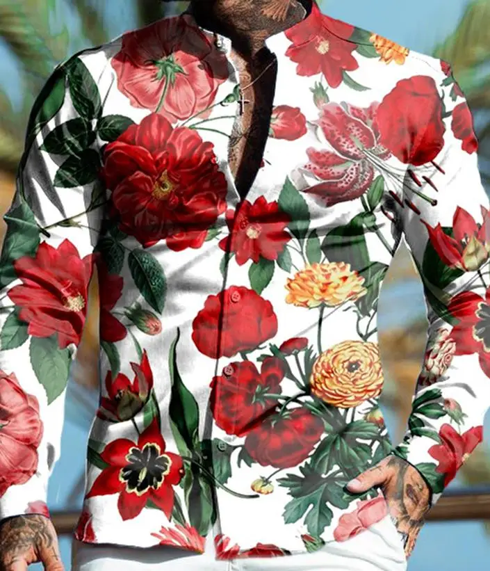 Мужская рубашка с длинным рукавом цветочным принтом
