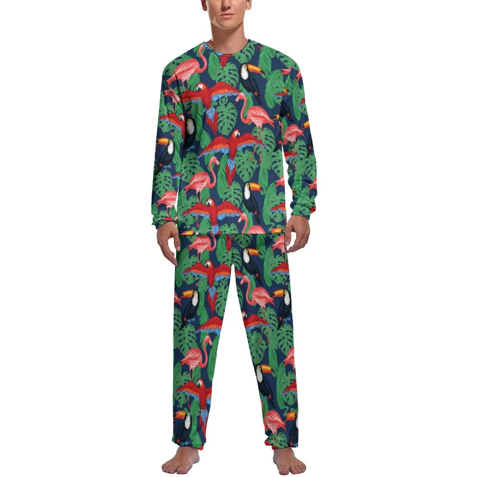 

Tropical Birds Pajamas Palm Leaves Print Men Long-Sleeve Warm Pajama Sets 2 Pieces Casual Winter Graphic Nightwear Birthday Gift