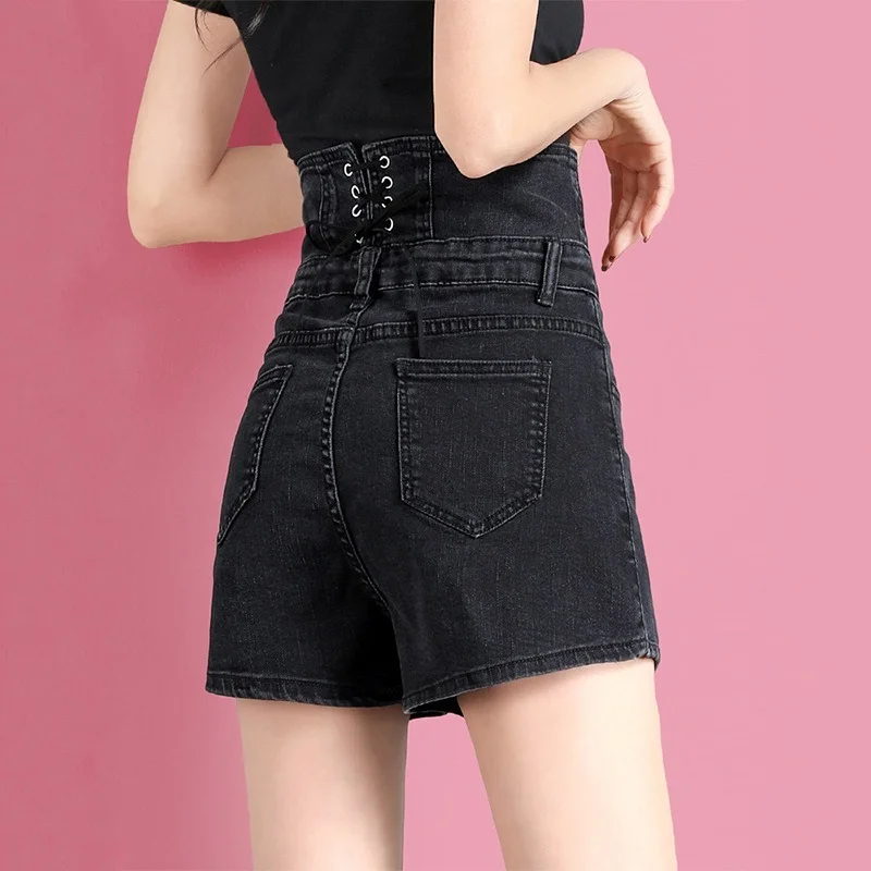 Multi-button Black Denim Shorts Summer Women Sexy Back Lace Up Design High Waist Hot Pants New White A-Line Loose Straight Jeans
