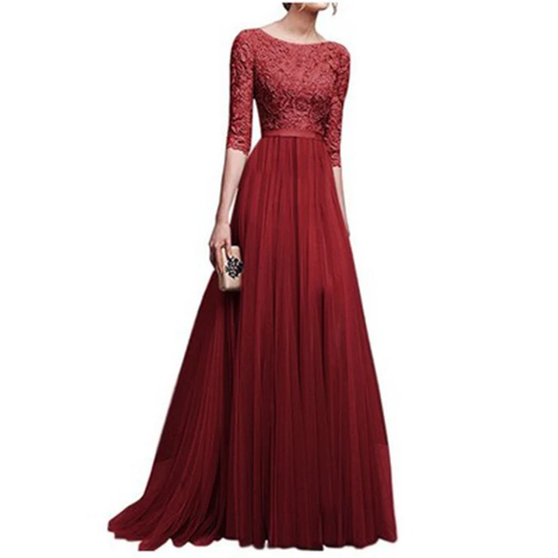 

Women Three Quarter Sleeve Lace Long Evening Party Dress 2021 Mature Sexy Elegant Applique New Style Fit Maxi Dresses Female Ins