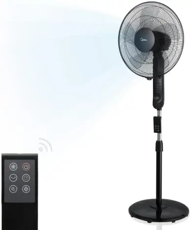 

- Ventilador de pie silencioso con mando a distancia, pantalla LED, 5 aspas, compartimento de altura regulable, función de osci