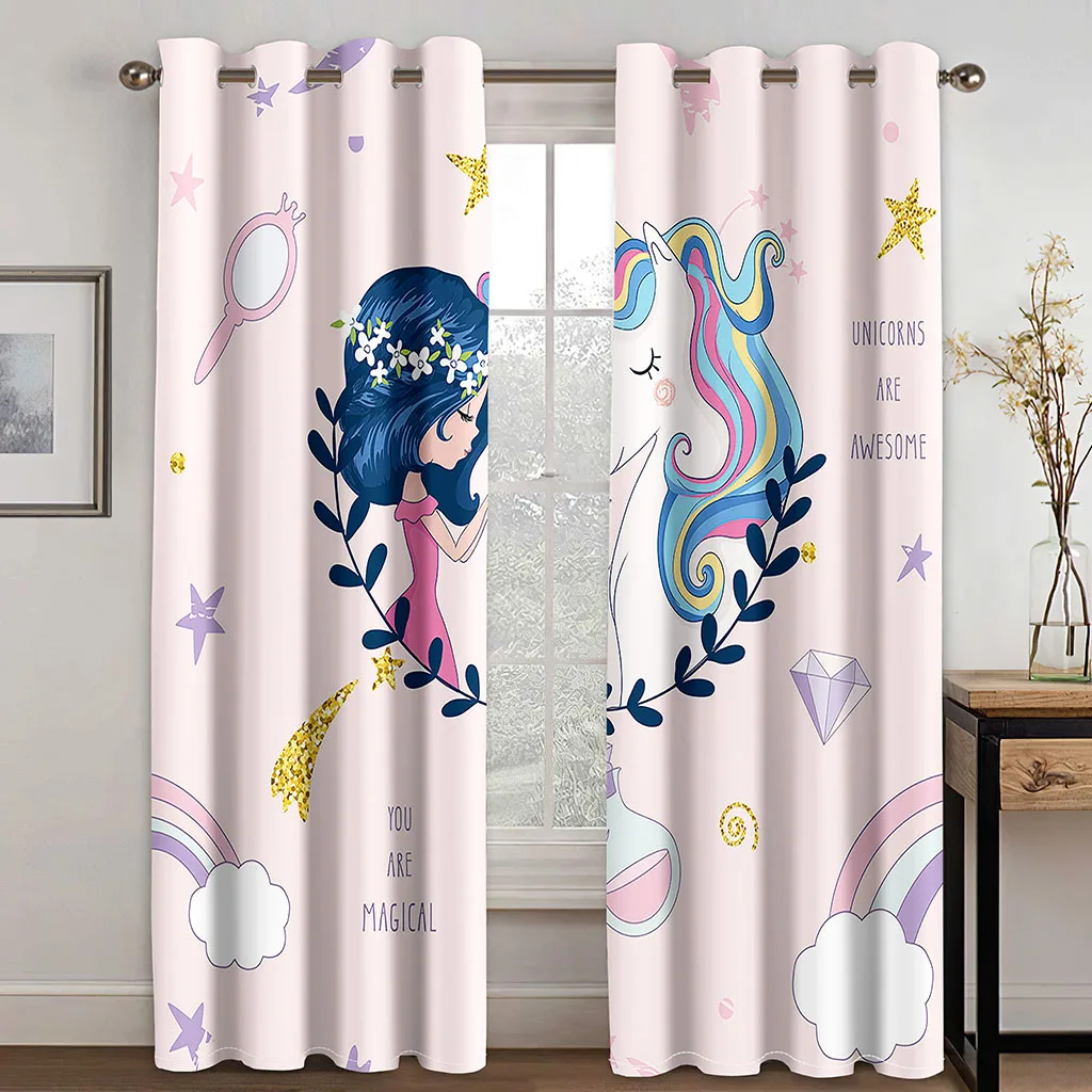 

Modern Lovely Cartoon Rainbow Unicorn Pink Kids Children Girl 2 Pieces Thin Window Drape Curtain for Living Room Bedroom Decor