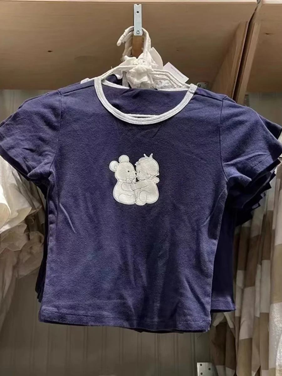 

Кроп-топ женский с мультяшным принтом, винтажный топ с круглым вырезом и коротким рукавом в стиле пэчворк, милая уличная одежда, Y2k, на лето