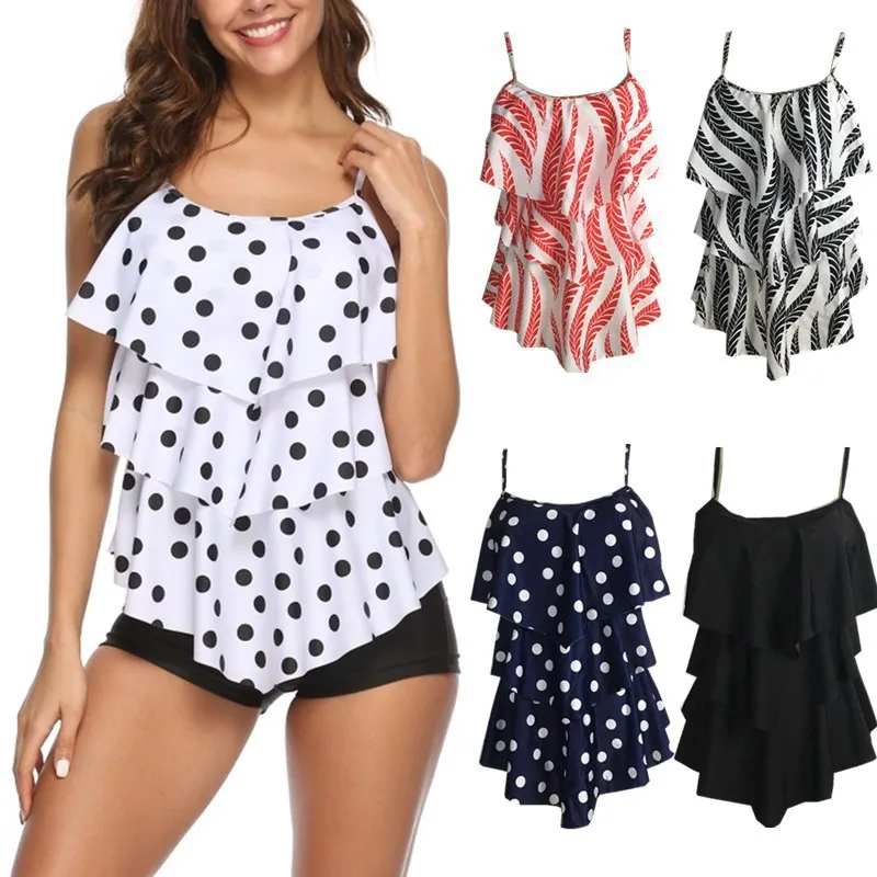 Plus Size Two Piece Swimsuit Polka Dot Print Swimwear Women Ruffle Tankini Push Up Swimsuit Shorts Bathing Suit 2XL Beach Pad