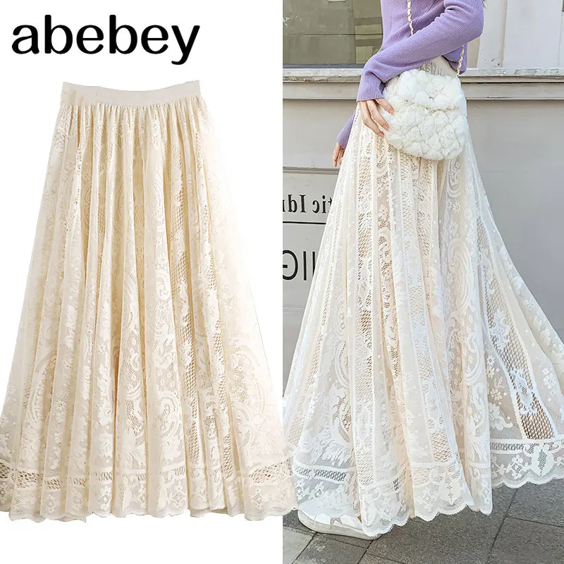 

Women Classic Fashion Hollow Out Lace A Line Midi Long Skirts Lady Basic Elastic Waist All Seasons Casual Skirt Saia Za