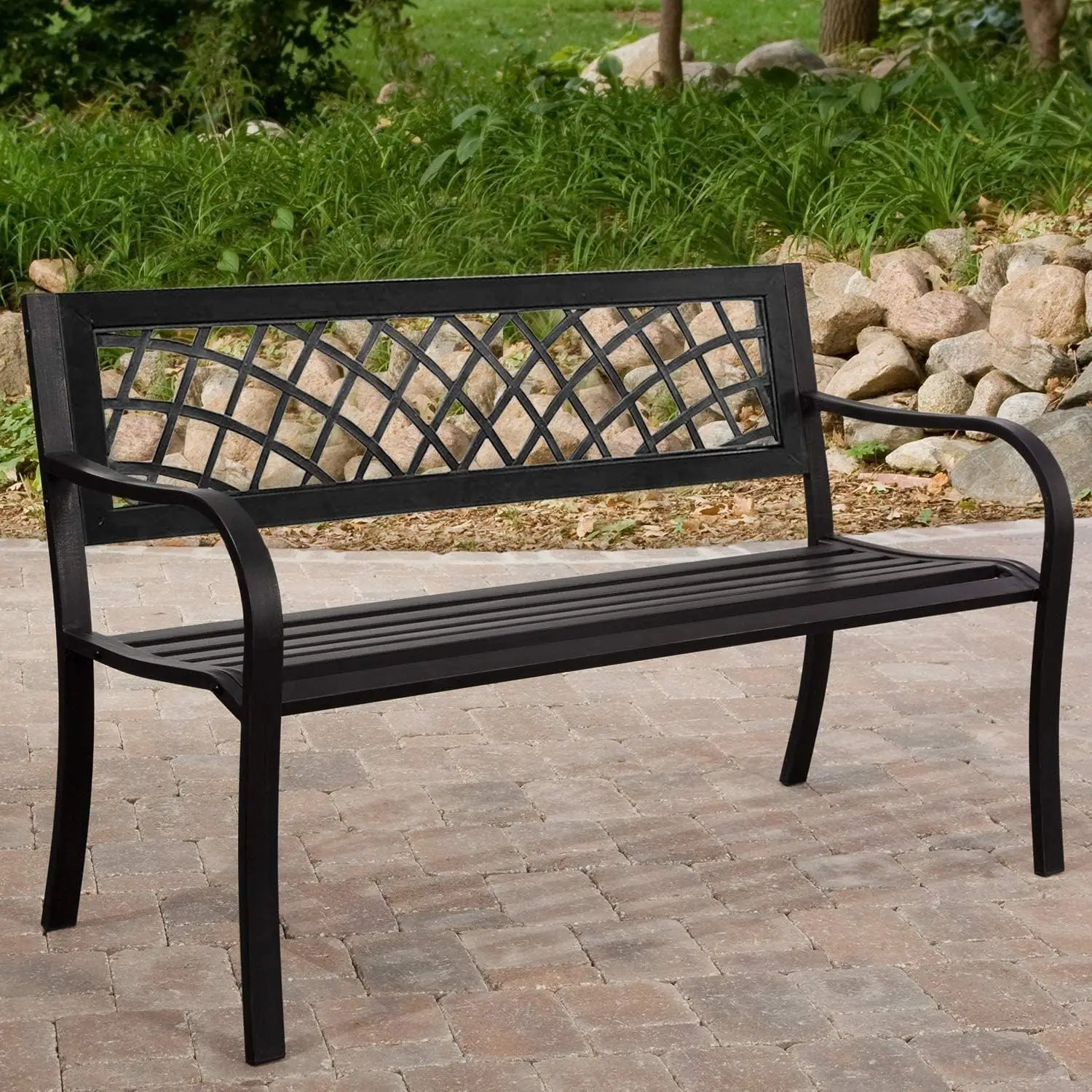 

Armrests Sturdy Steel Frame Furniture Metal Bench Porch Work Easy Assembly,Black
