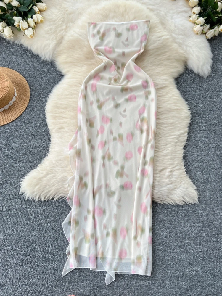 Женское платье без бретелек с цветочным принтом рукавов