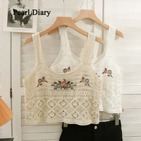 pearl diary summer hollow out embroidery flower top women sand beach short crop tops chequer chic sleeveless sling vest