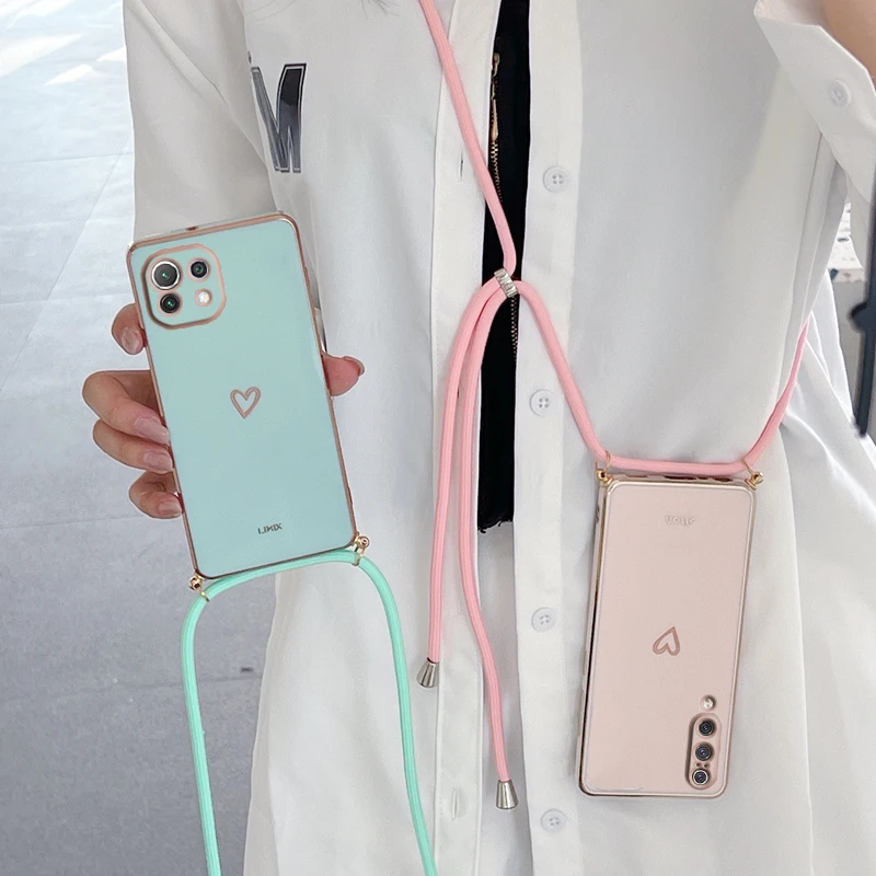 Love Heart Crossbody Lanyard Strap Plating Phone Case For Xiaomi Mi 11T Pro 9 10 Mi 11 Lite Mi11 11lite 11 T 10T 12T Pro Cover