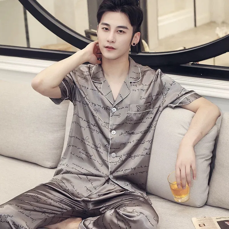 Men's 2 Piece Pajamas Sets Striped Pijama Faux Silk Satin Pyjama Male Sleepwear Long Sleeve Lapel Shirt Pants Suits Homewear