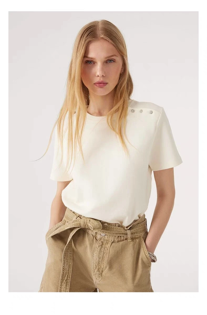 

2023 Early Autumn New Simple Cotton Epaulets Diamond Button Short-sleeved T-shirt