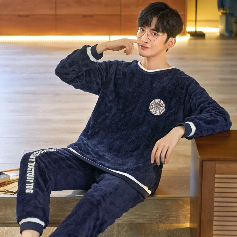 2022 Winter Long Sleeve Thick Warm Flannel Pajama Sets for Men Korean Loose Coral Velvet Sleepwear Suit Pyjamas Homewear Clothes