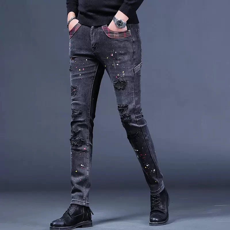 Men Ripped Patches Black Gray Jeans Autumn Slim Fit Mens Pants Fashion Dots Printed Plaid Patchwork Stretch Denim Trousers