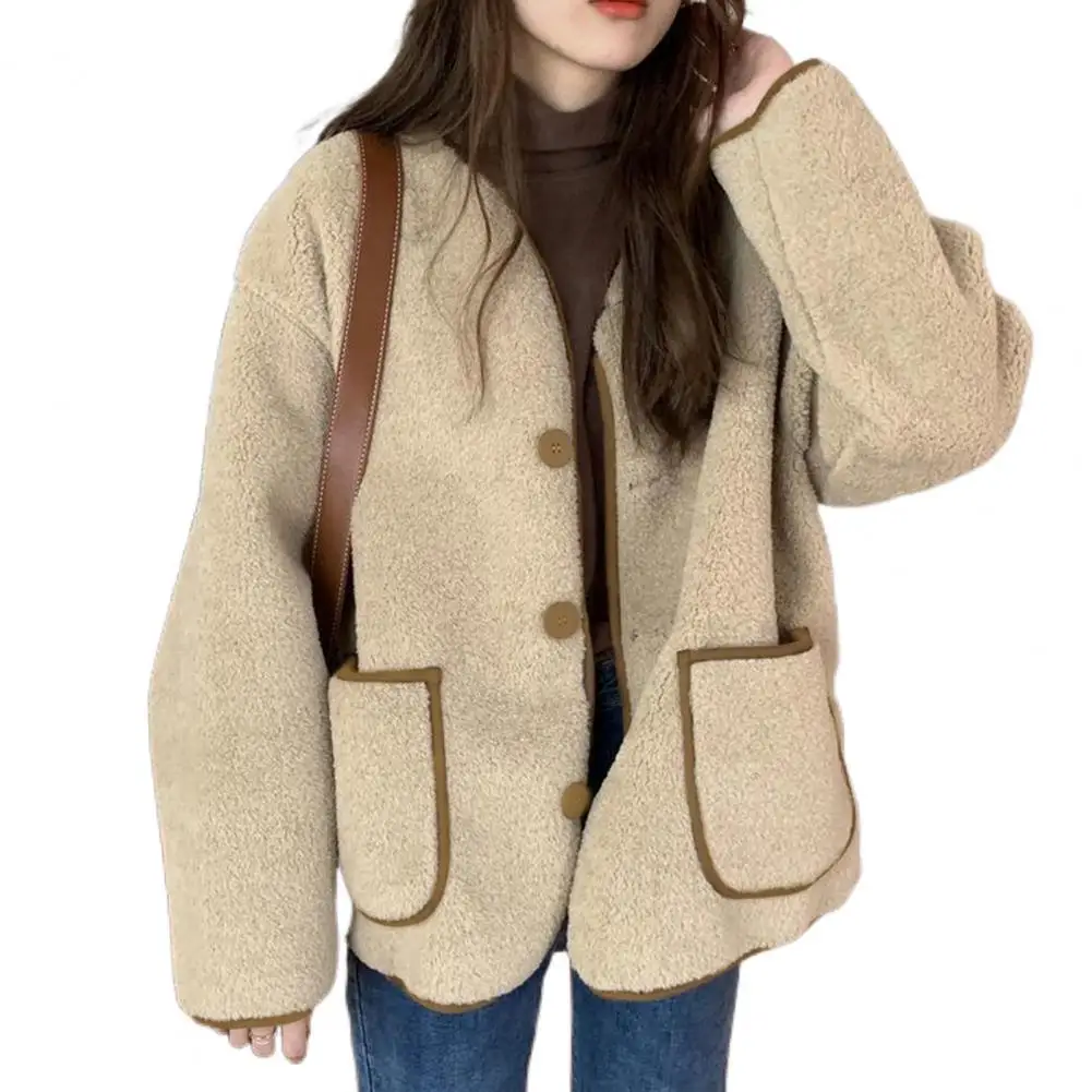 

Women Fluffy Cardigan Long Sleeve Thickened Plush Coat Loose Imitation Lambswool Jacket Outerwear
