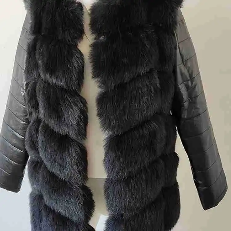 2022 Autumn and Winter Mid-length Fur Imitation Fox Fur PU Sleeve Jacket Slim Ladies Large Size 4XL Wholesale Faux Fur Coat