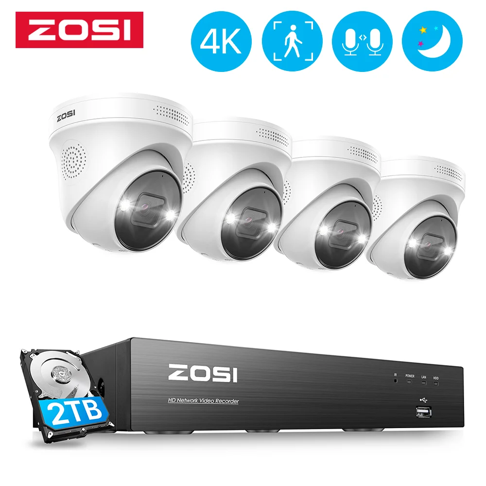 

ZOSI 8CH 4K PoE Video Surveillance Camera System AI Face Decetion 4pcs 8MP Full Color Night Vision IP Cameras Security CCTV Kit