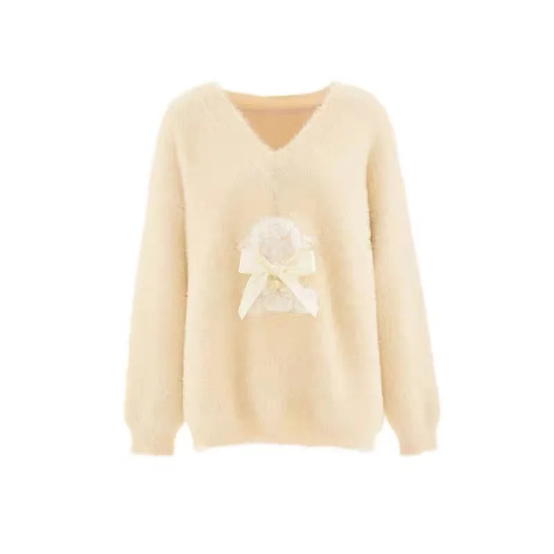 Мягкий восковой молочно-желтый свитер с v-образным вырезом и бантом новый зимний
