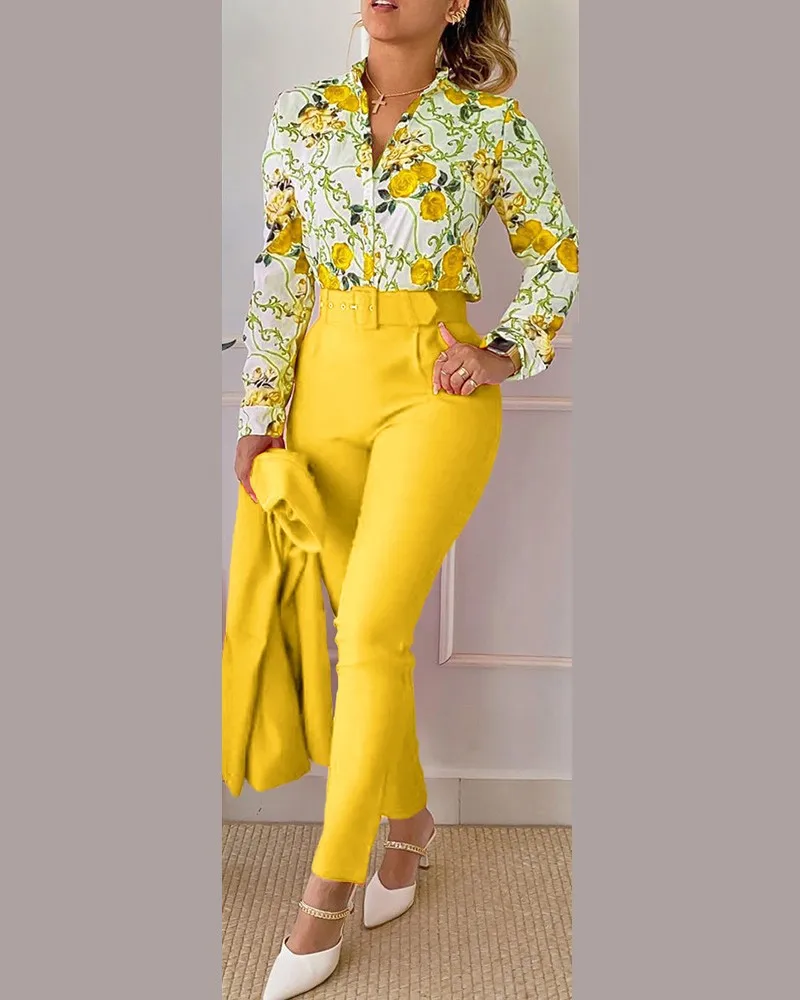 Elegant Long Sleeve Shirt Pants Set Office Lady Fashion Casual V Neck Floral Print Trousers Two Piece Set Women Outfit 2023