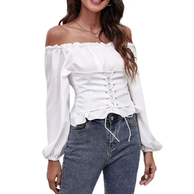 

Women Puff Long Sleeve Frill Trim Shirt Sexy Off The Shoulder Backless Blouse Lace-Up Bandage Front Shirred Back Slim Fitted Top