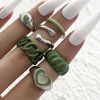 6pcs vintage rings set green embrace hands women metal coating paint creative ins style heart butterfly ring fashion jewelry