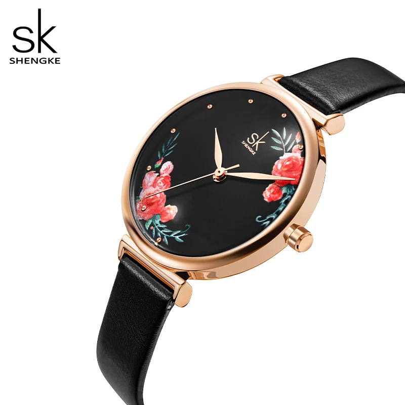 SHENGKE Original Design Women Watches Top Luxury Black Leather Strap Woman Quartz Wristwatches Ladies Clock Relogio Feminino enlarge