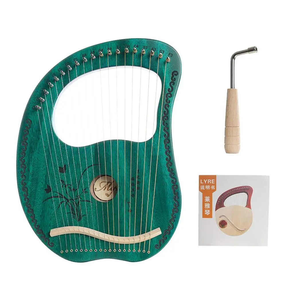 19 String Lyre Mahogany Instrument Quality Green Harp with Tuning Wrench Stringed Musical Instrument for Kids Adult Beginners