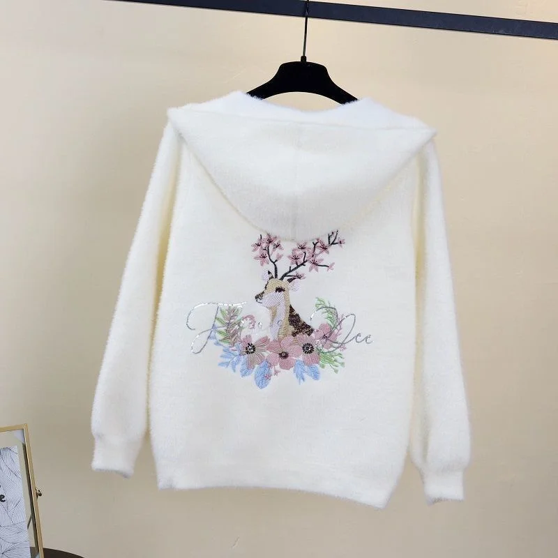 

Women Faux Mink Fleece Sweater Cardigan Jacket New Fashion Back Embroidered Short Hooded Jacket Female Knit Sweater Coats Tops