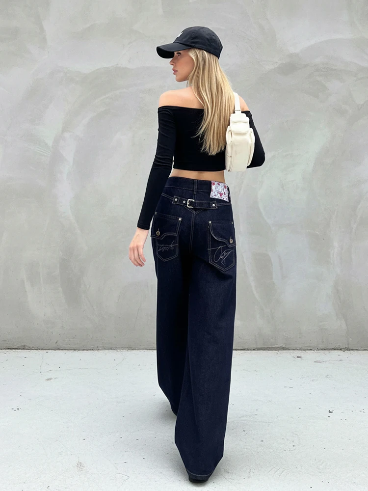Фото REDDACHiC женские мешковатые джинсы с цветочным принтом и карманами, прямые широкие брюки с низкой талией, джинсовые брюки в стиле ретро, повседневная корейская одежда №2