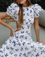 2022 summer new womens dresses fashionable full body floral puff sleeves sexy hollow pattern open waist dress