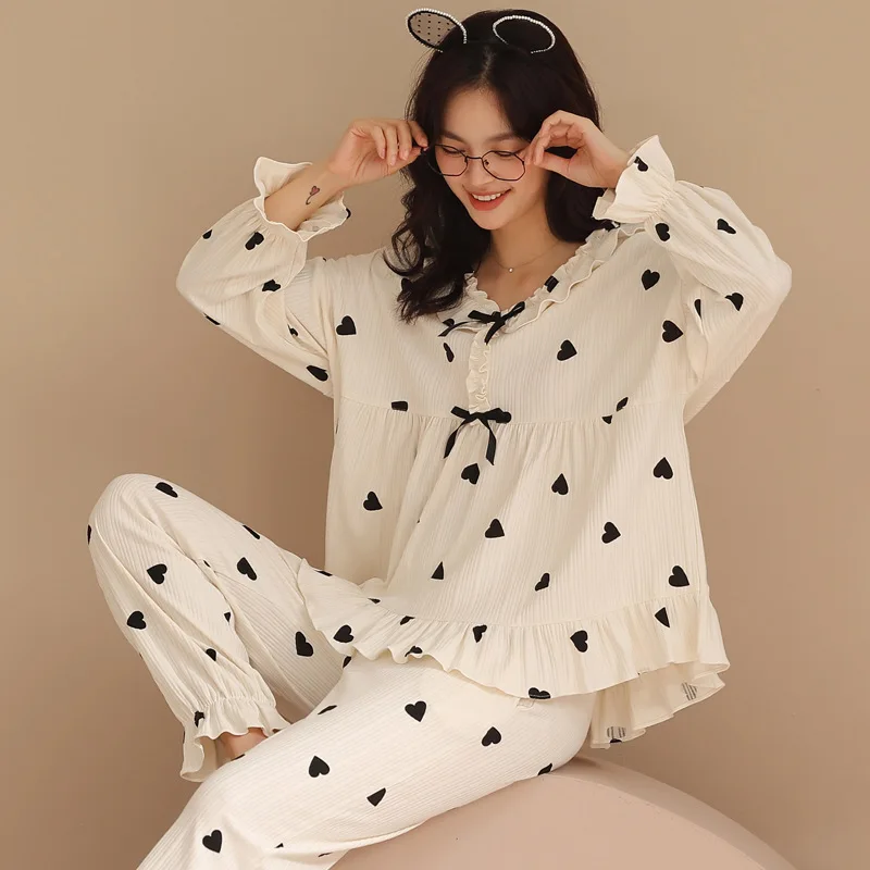 

Ruffle White Hearts Printed Cotton Sleepwear Texture Cotton Spring Autumn Loose Size Kawaii Pajama Young Gril Pijamas