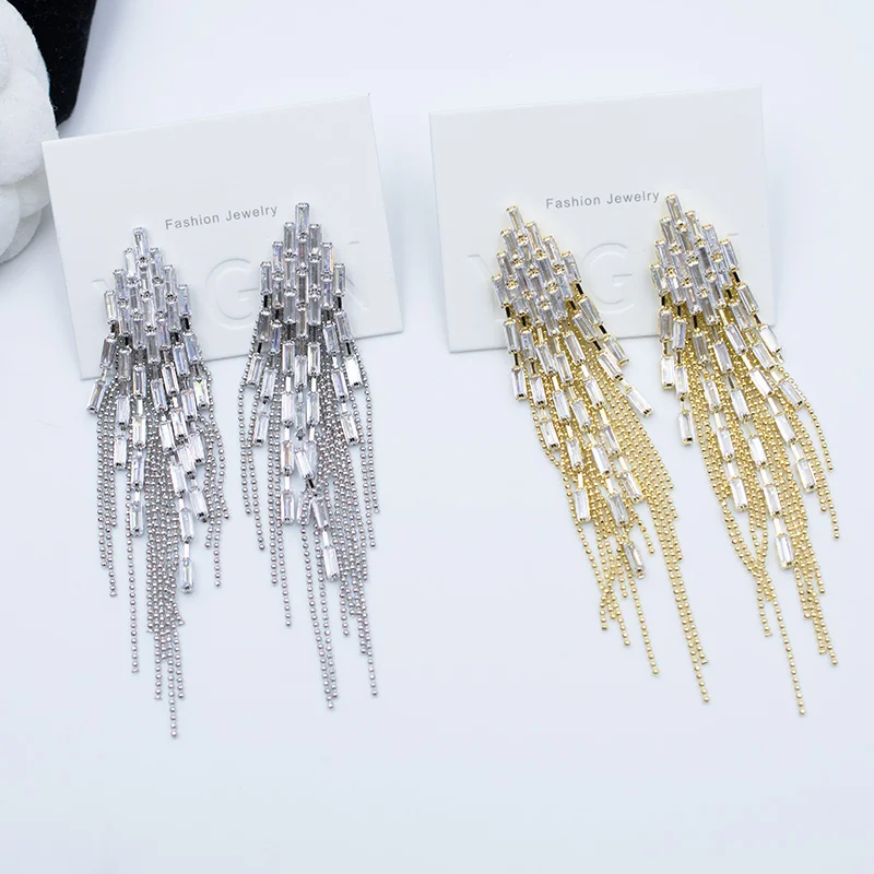 

JICAI 925 Silver Zircon Gold Earrings For Women Vintage Tassels Crystal Long Statement Eardrop Party Fashion Dangle Pendientes