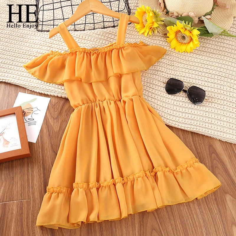 

HE Hello Enjoy 2022 Children Dresses Kids Girl Off The Shoulder Solid Color Dress Baby Suspenders Summer Dresses Baby Girl Dress