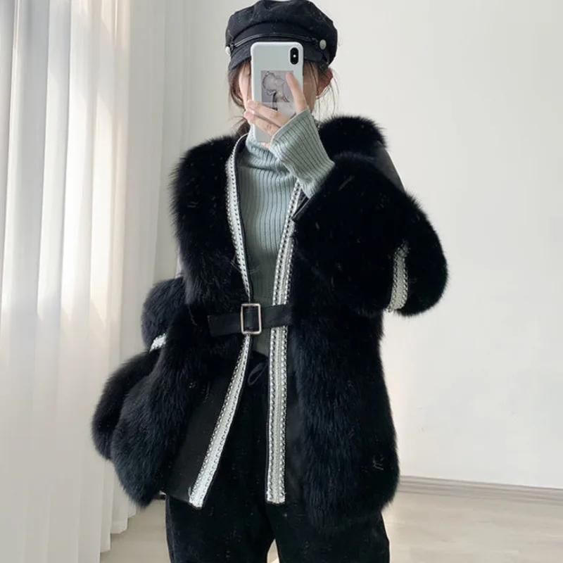 pink fox fur faux Winter New Soft Warm Fox Fur Coat Female V Neck Puff Sleeves Female Luxury Patchwork Coats Clothing  korean
