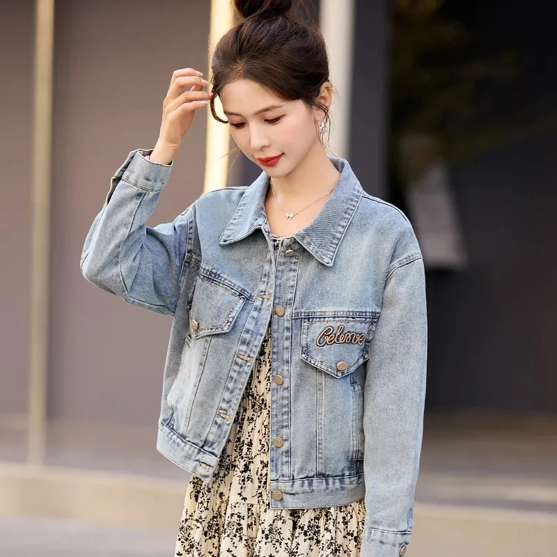 Шикарная джинсовая куртка с вышивкой женская Harajuku повседневная винтажная