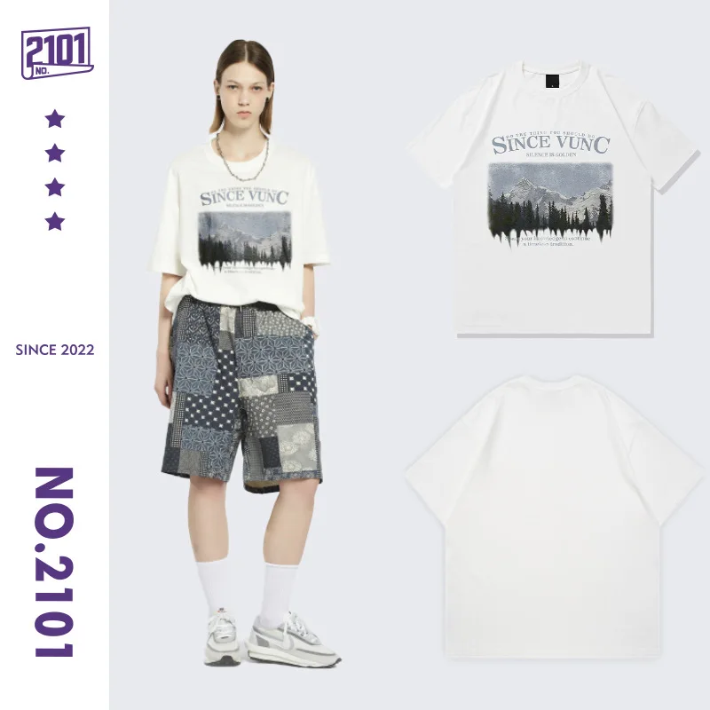 

KAZUE-Summer new tide brand 260g heavy cotton dark forest print short-sleeved T-shirt