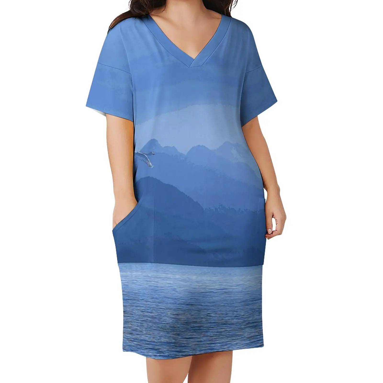 Mountains Acrylic Art Dress Short Sleeve Blue Water Retro Dresses Female Aesthetic Pattern Casual Dress With Pockets Plus Size