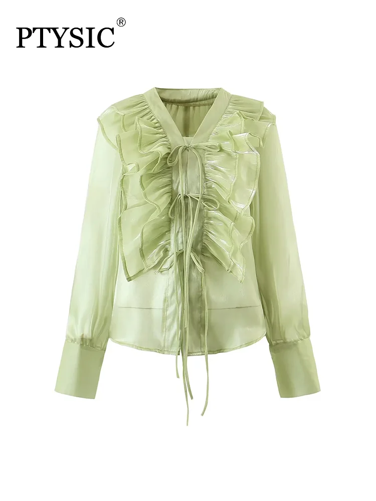 

Fashion Women All-Match Ruffles Shirt With Drawstring Long Sleeve Solid Color V-neck Blouse For Holiday Casual Girls Tops
