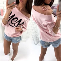 new womens one shoulder t shirts letter print long sleeve tops girl slash neck casual t shirt female tee tops pink red grey