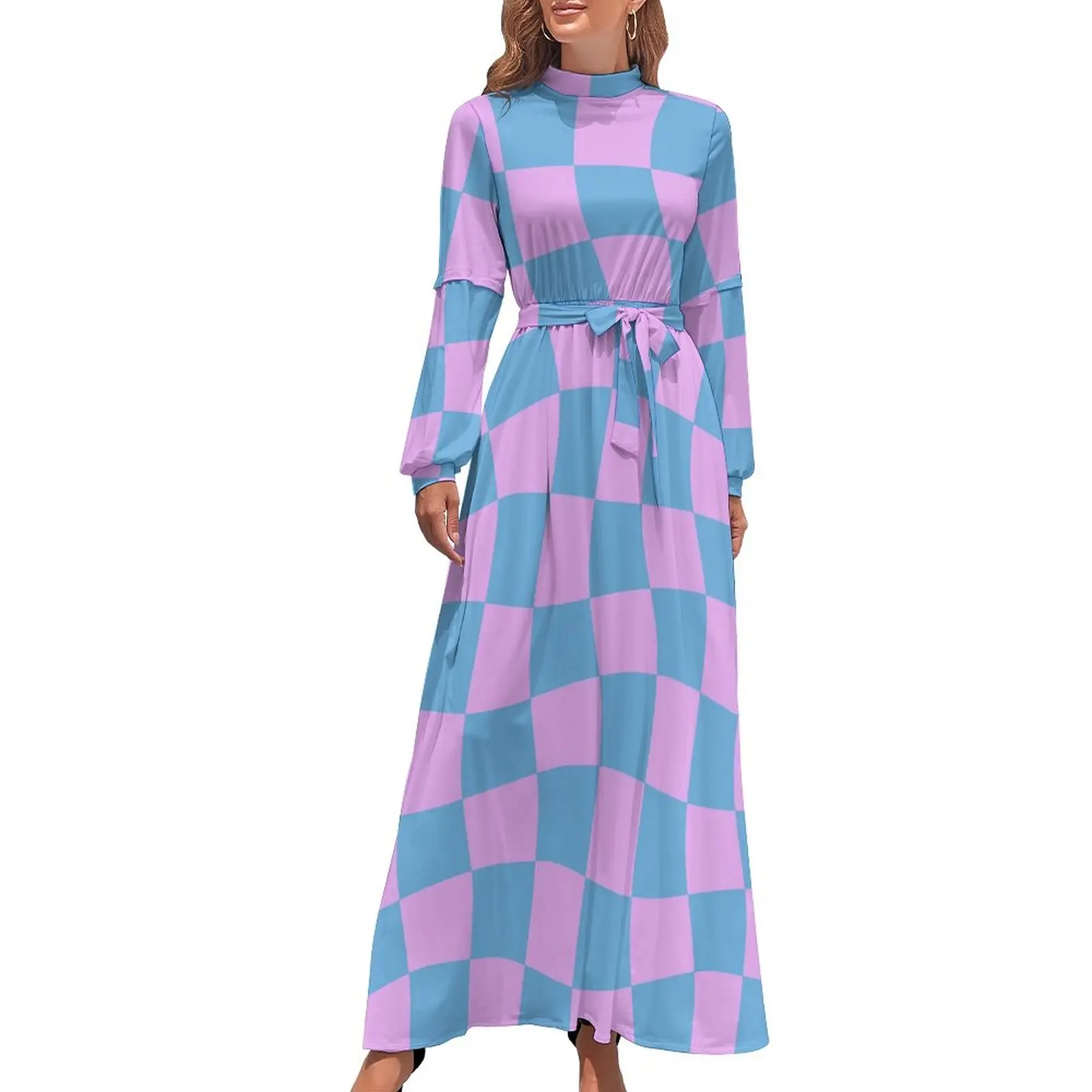 

Retro Mod Dress Long Sleeve Abstract Checkerboard Elegant Maxi Dress High Waist Street Style Design Boho Beach Long Dresses