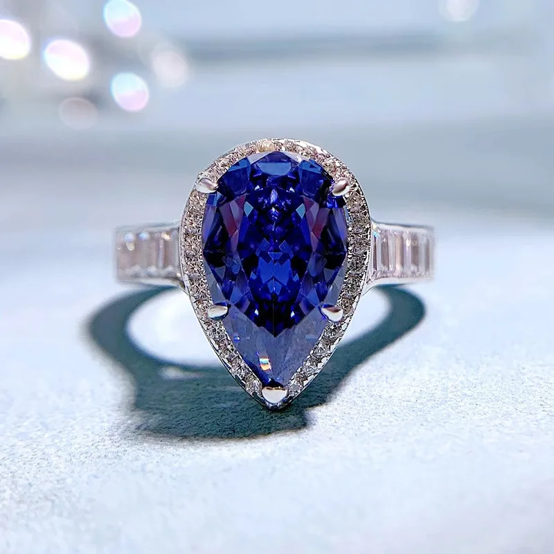 

Spring Qiaoer 925 Sterling Silver 8*13MM Crushed Ice Cut Lab Sapphire High Carbon Diamonds Gemstone Engagement Ring Fine Jewelry