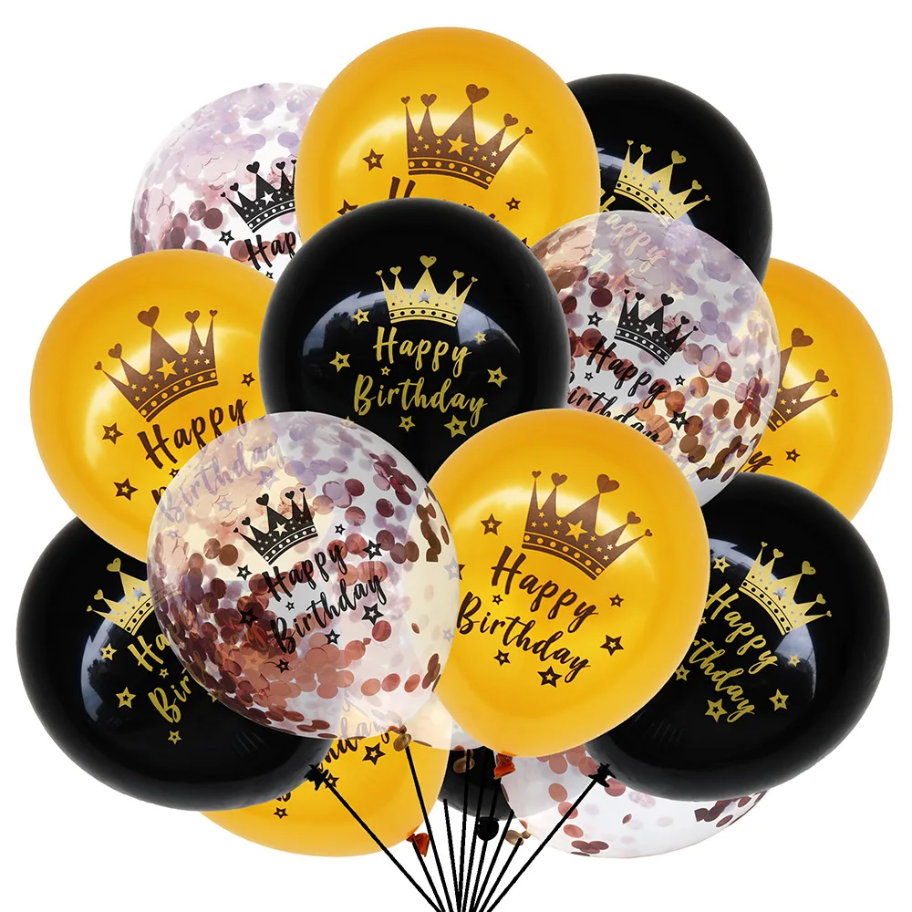 

15pcs Black Gold Crown Birthday Balloons Confetti Latex Ballons Happy 18 21 30 40 50th Birthday Party Decorations Adult Globos